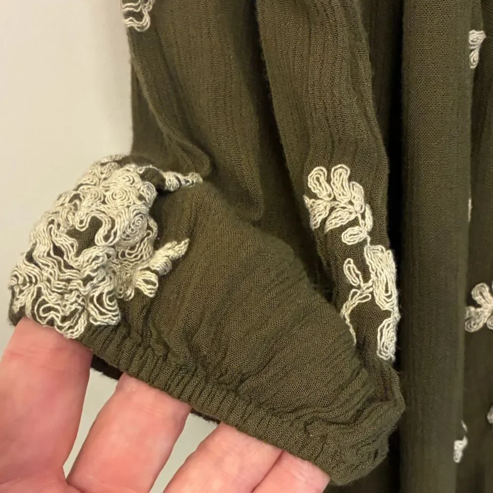 FREE PEOPLE Austin Embroidered Mini Dress Olive Green Women’s Size Small POCKETS